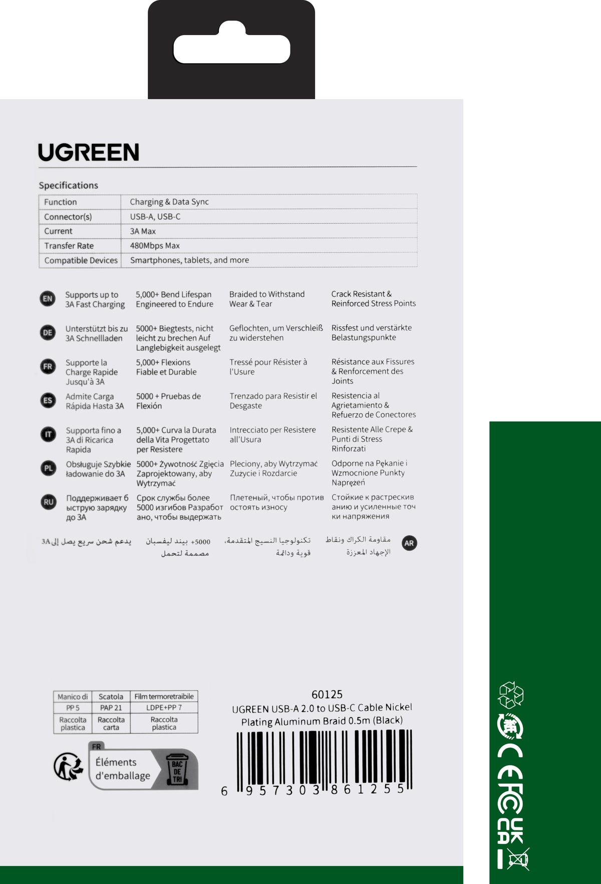 Cabo de Dados e Carregamento USB-A - USB-C UGREEN US288, 18W, 0.5m, Preto