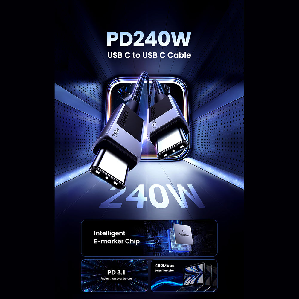 Cabo de Dados e Carregamento USB-C - USB-C UGREEN L513, 240W, 2m, Preto