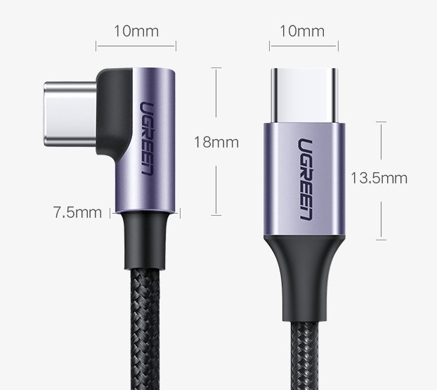 Cabo de Dados e Carregamento USB-C - USB-C UGREEN US255 Angled, 60W, 1m, Cinzento
