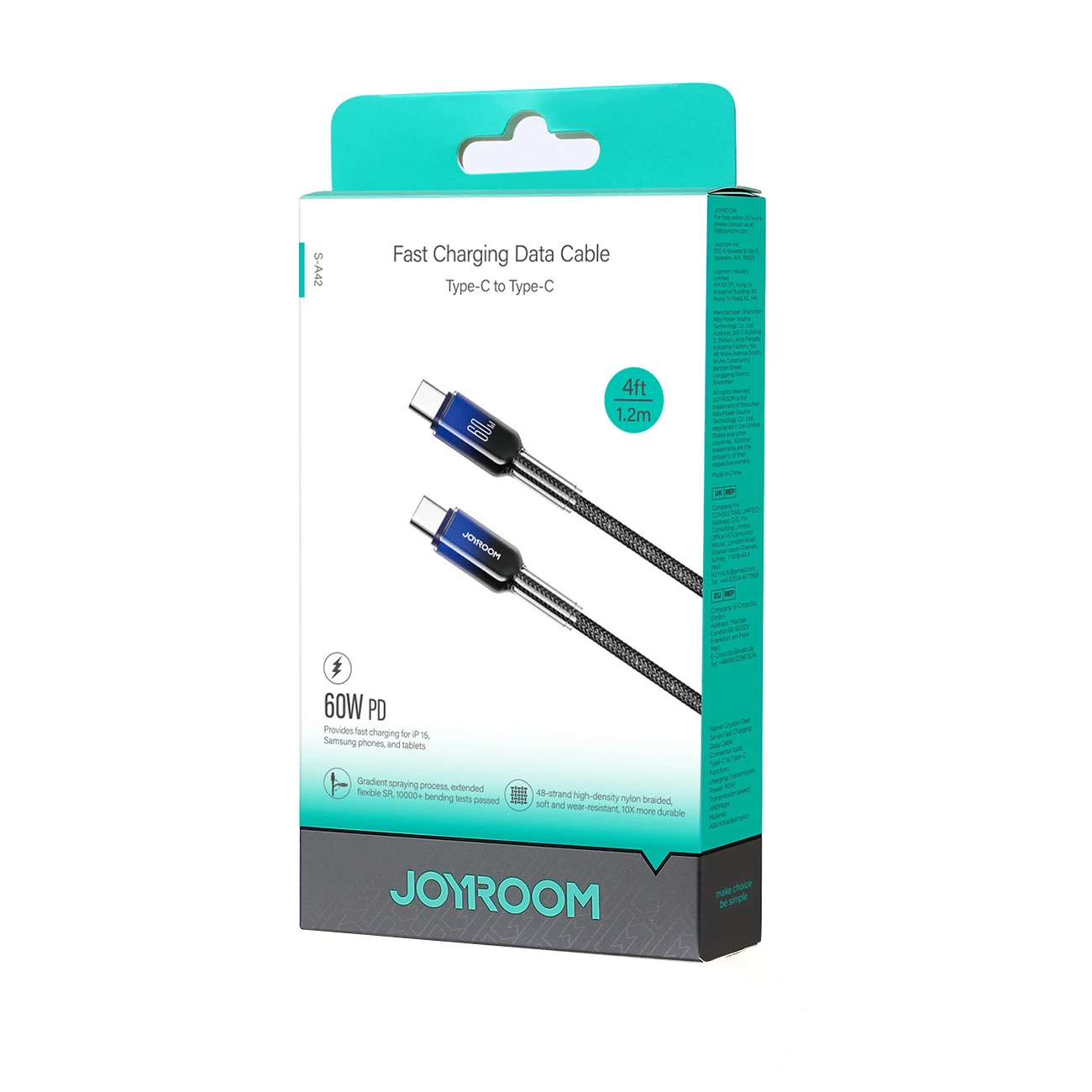 Cabo de Dados e Carregamento USB-C - USB-C Joyroom S-A42, 60W, 1.2m, Preto