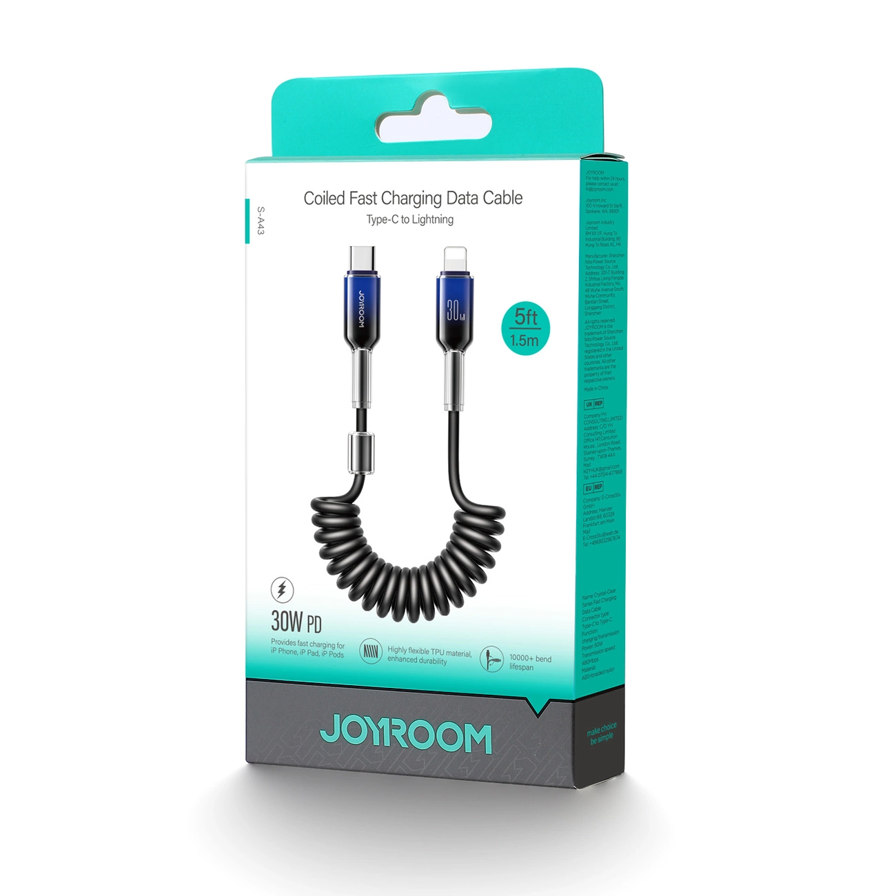 Cabo de Dados e Carregamento USB-C - Lightning Joyroom S-A43 Crystal, 30W, 1.5m, Preto
