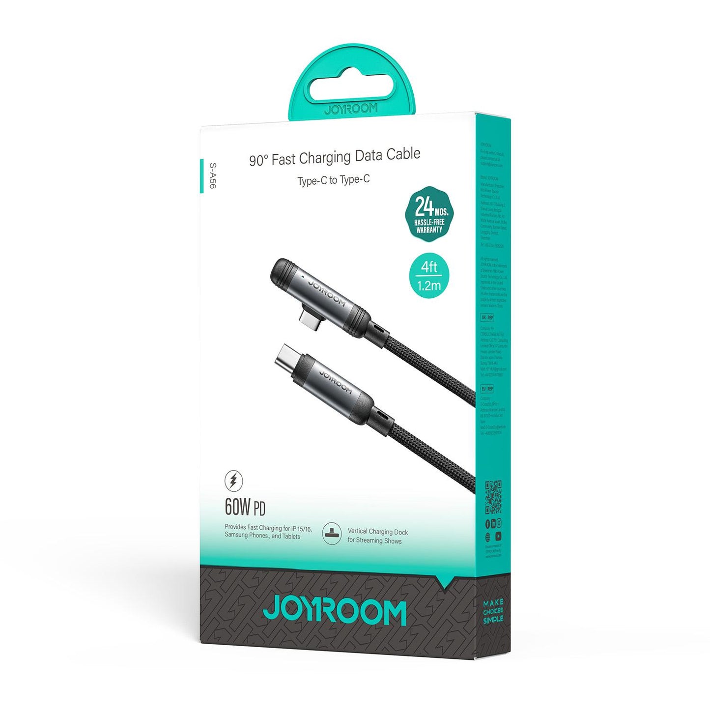 Cabo de Dados e Carregamento USB-C - USB-C Joyroom S-A56 EnjoyX Angled, 60W, 1.2m, Preto