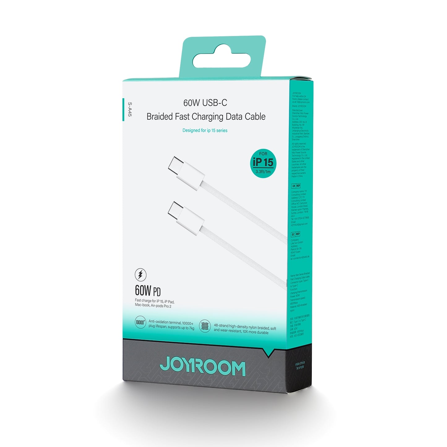 Cabo de carregamento e dados USB-C - USB-C Joyroom S-A45, 60W, 1m, branco