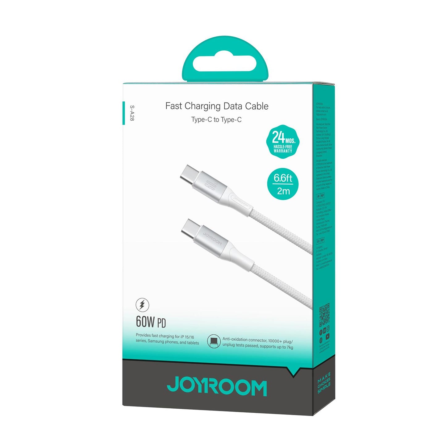 Cabo de Dados e Carregamento USB-C - USB-C Joyroom S-A28 Flash, 60W, 2m, Branco