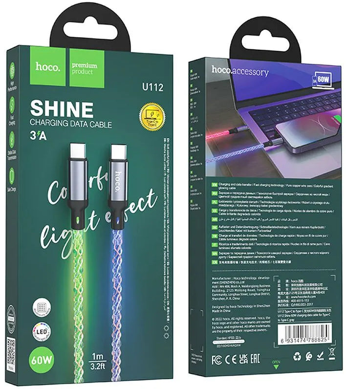 Cabo de Dados e Carregamento USB-C - USB-C HOCO U112, 60W, 1m, Cinzento