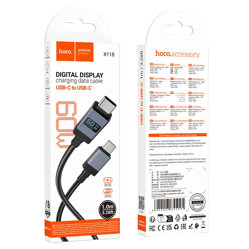 Cabo de Dados e Carregamento USB-C - USB-C HOCO X118 Display, 60W, 1m, Preto