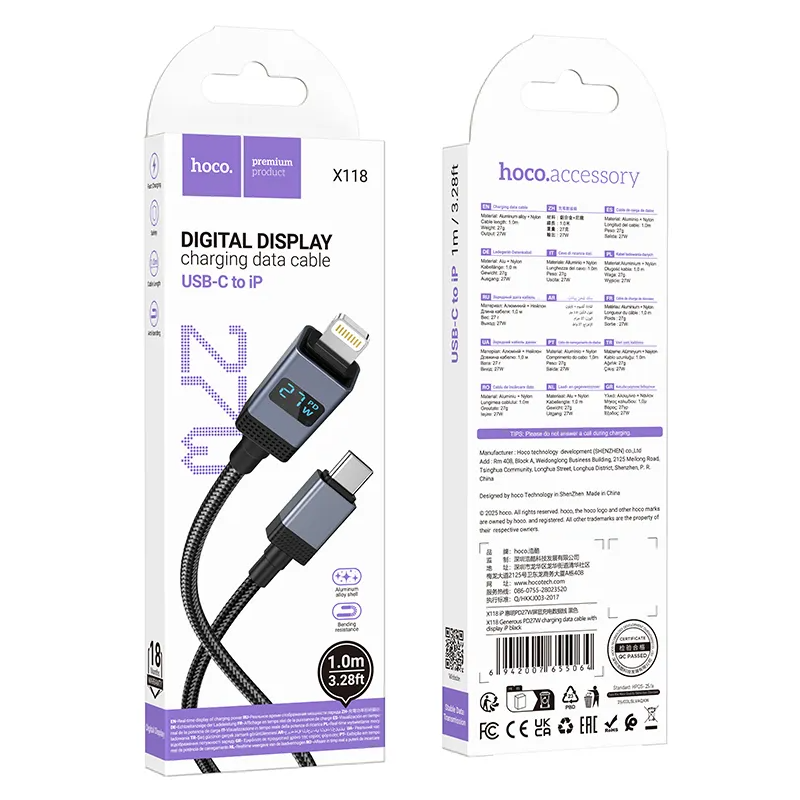 Cabo de Dados e Carregamento USB-C - Lightning HOCO X118 Display, 27W, 1m, Preto