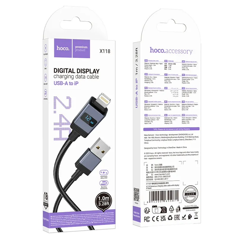 Cabo de Dados e Carregamento USB-A - Lightning HOCO X118 Display, 12W, 1m, Preto