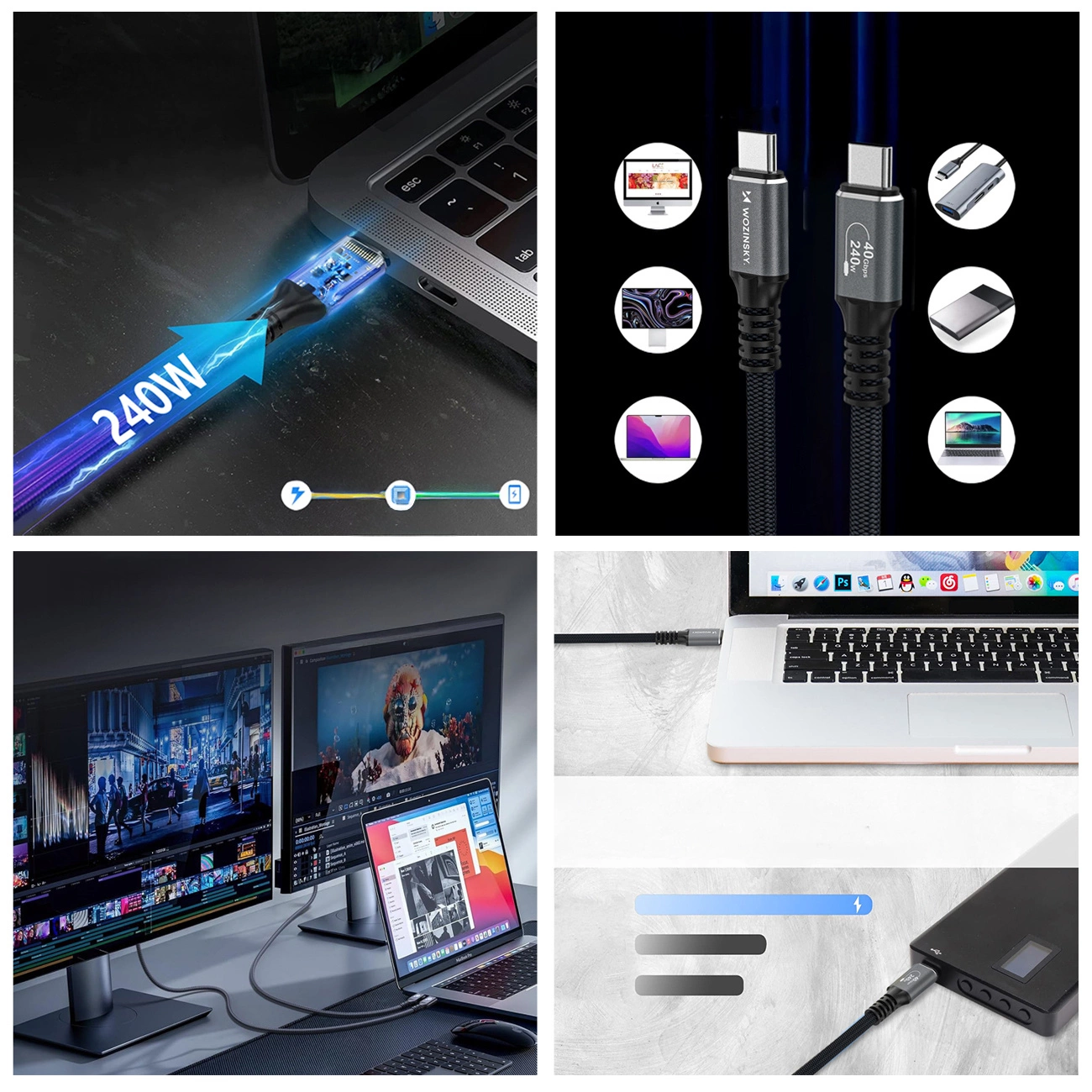 Cabo de Dados e Carregamento USB-C - USB-C WZK WPS-UY42S, 240W, 2m, Preto