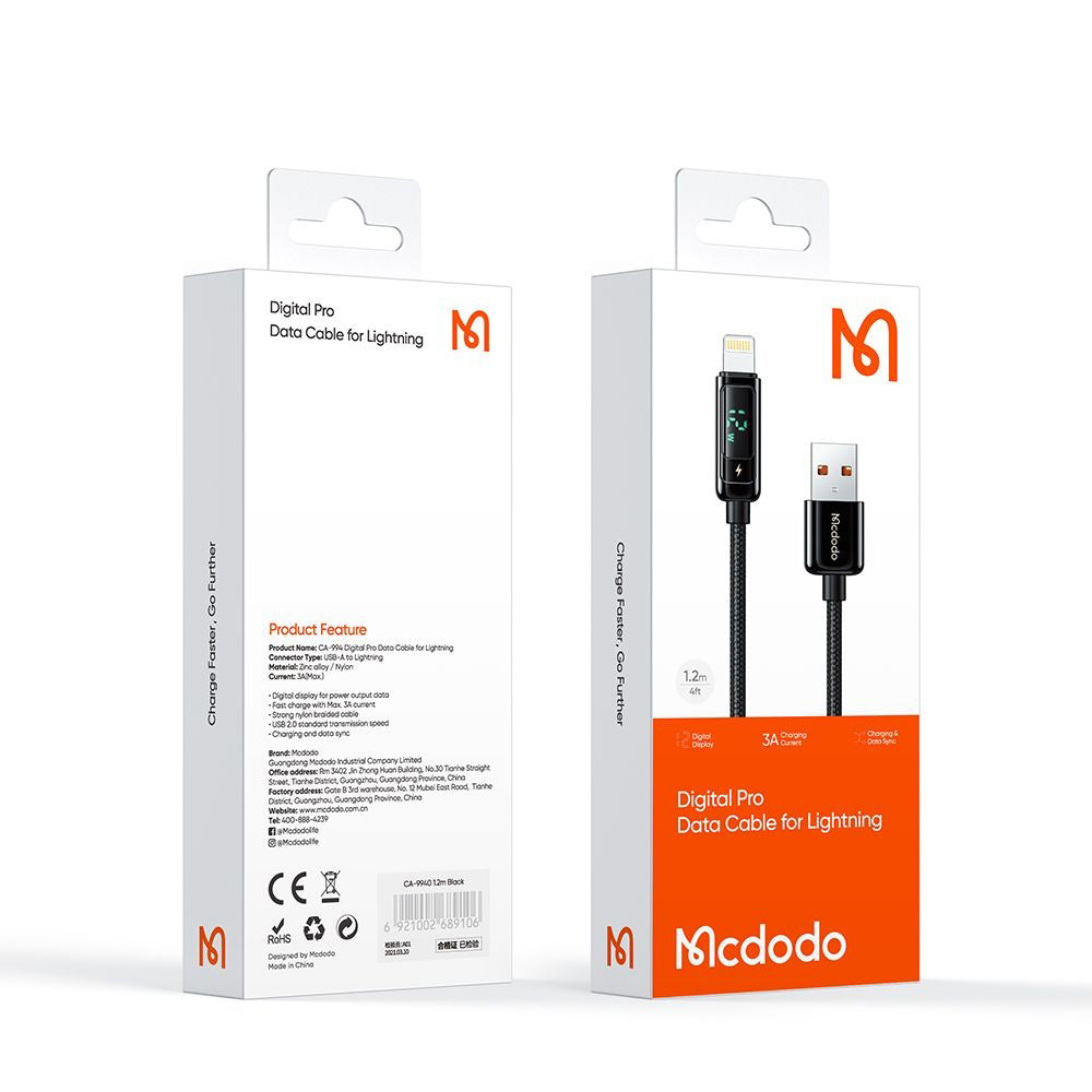 Cabo de Dados e Carregamento USB-A - Lightning McDodo CA-9940 Display, 12W, 1.2m, Preto