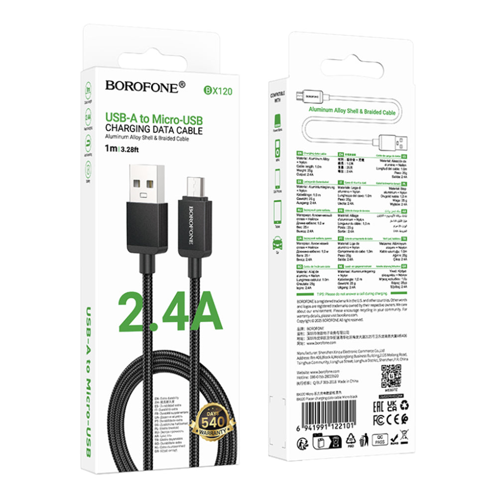 Cabo de Dados e Carregamento USB-A - microUSB Borofone BX120 Placer, 18W, 1m, Preto
