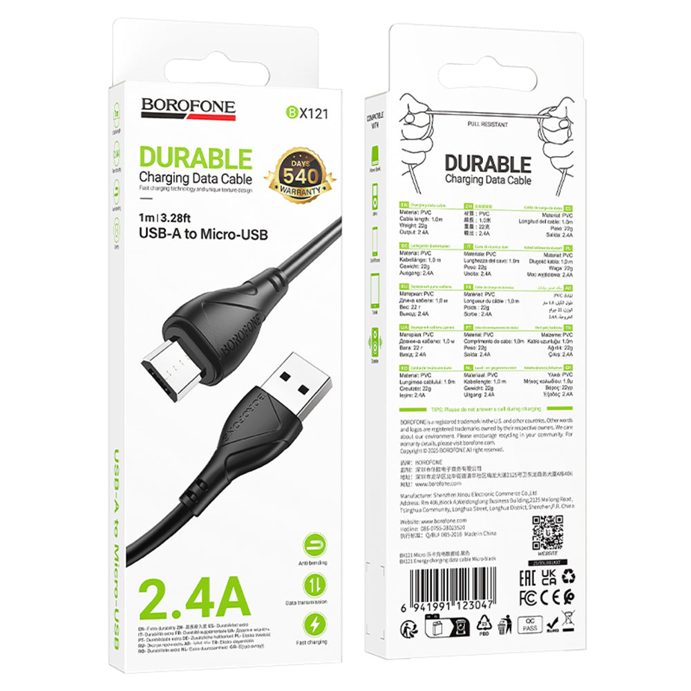Cabo de Dados e Carregamento USB-A - microUSB Borofone BX121 Energy, 18W, 1m, Preto