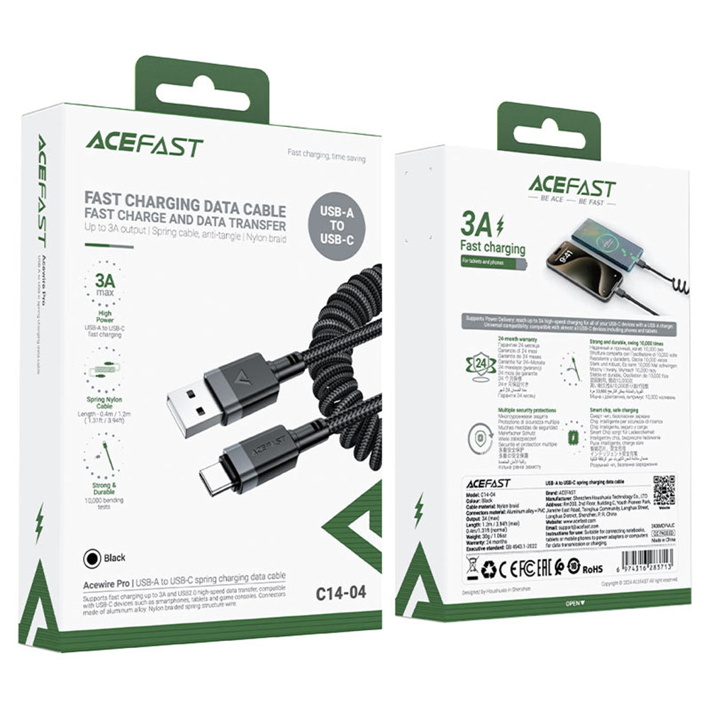 Cabo de Dados e Carregamento USB-A - USB-C Acefast C14-04, 18W, 1.2m, Preto