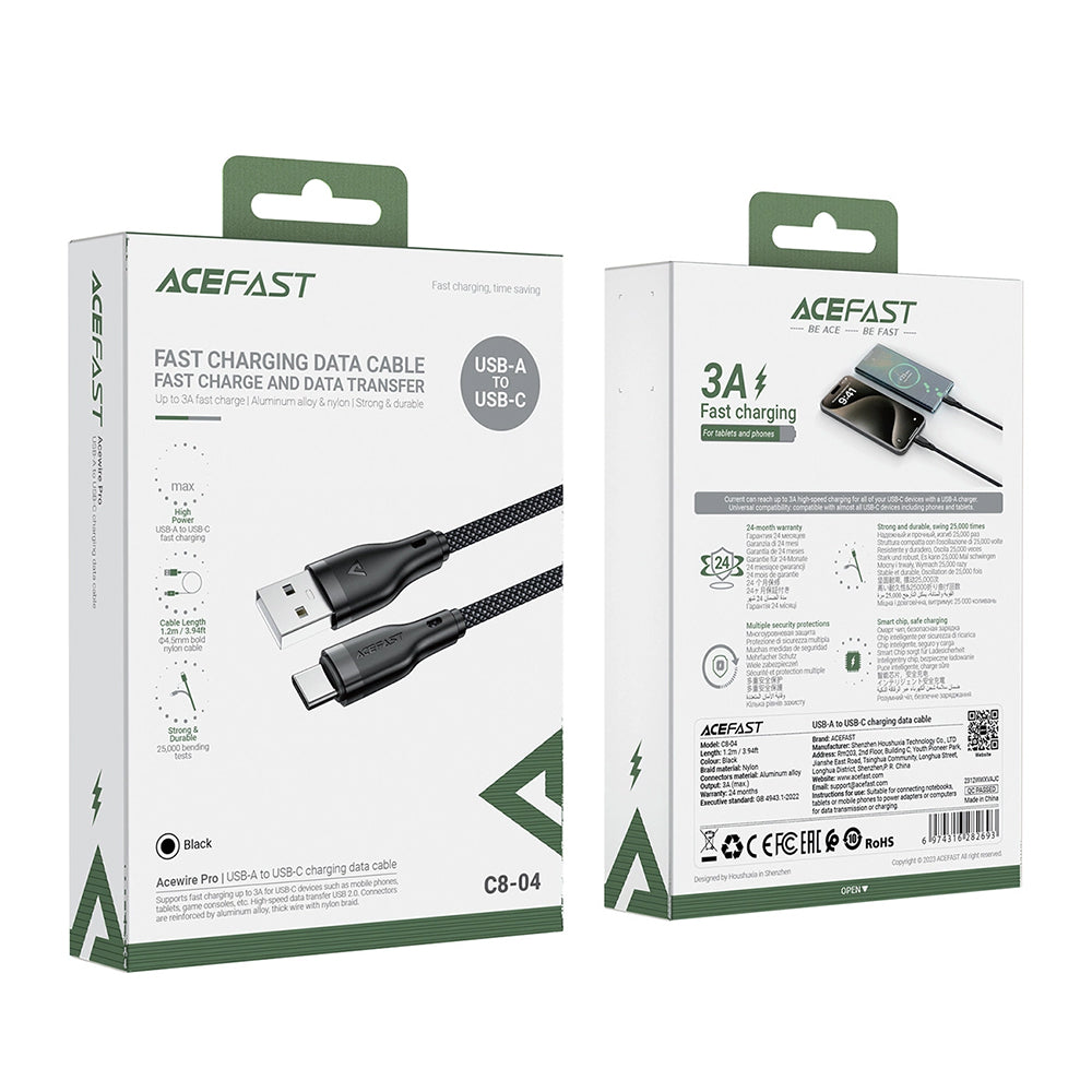 Cabo de Dados e Carregamento USB-A - USB-C Acefast C8-04, 18W, 1.2m, Preto