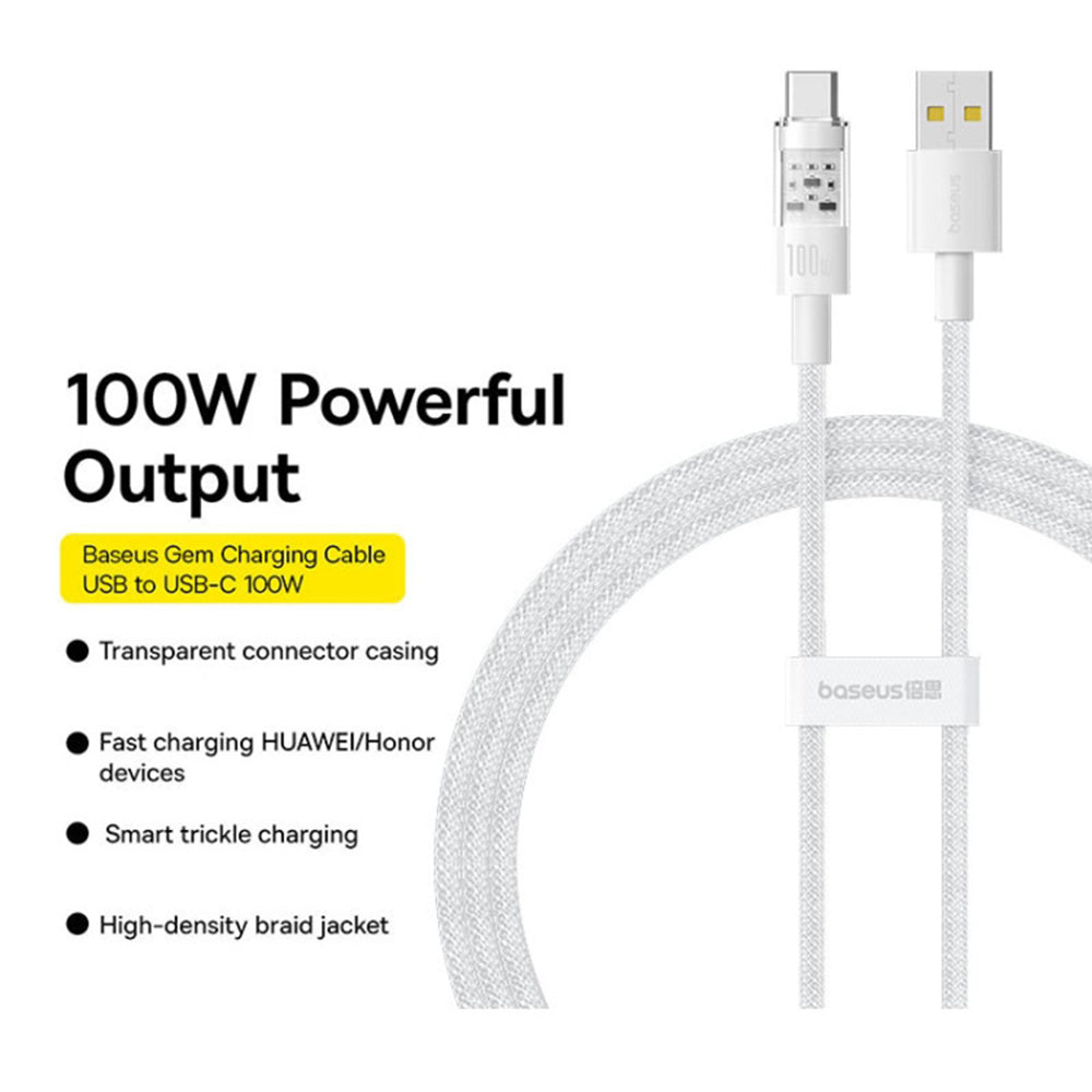 Cabo de Dados e Carregamento USB-A - USB-C Baseus Gem, 100W, 2m, Branco P10373002211-01