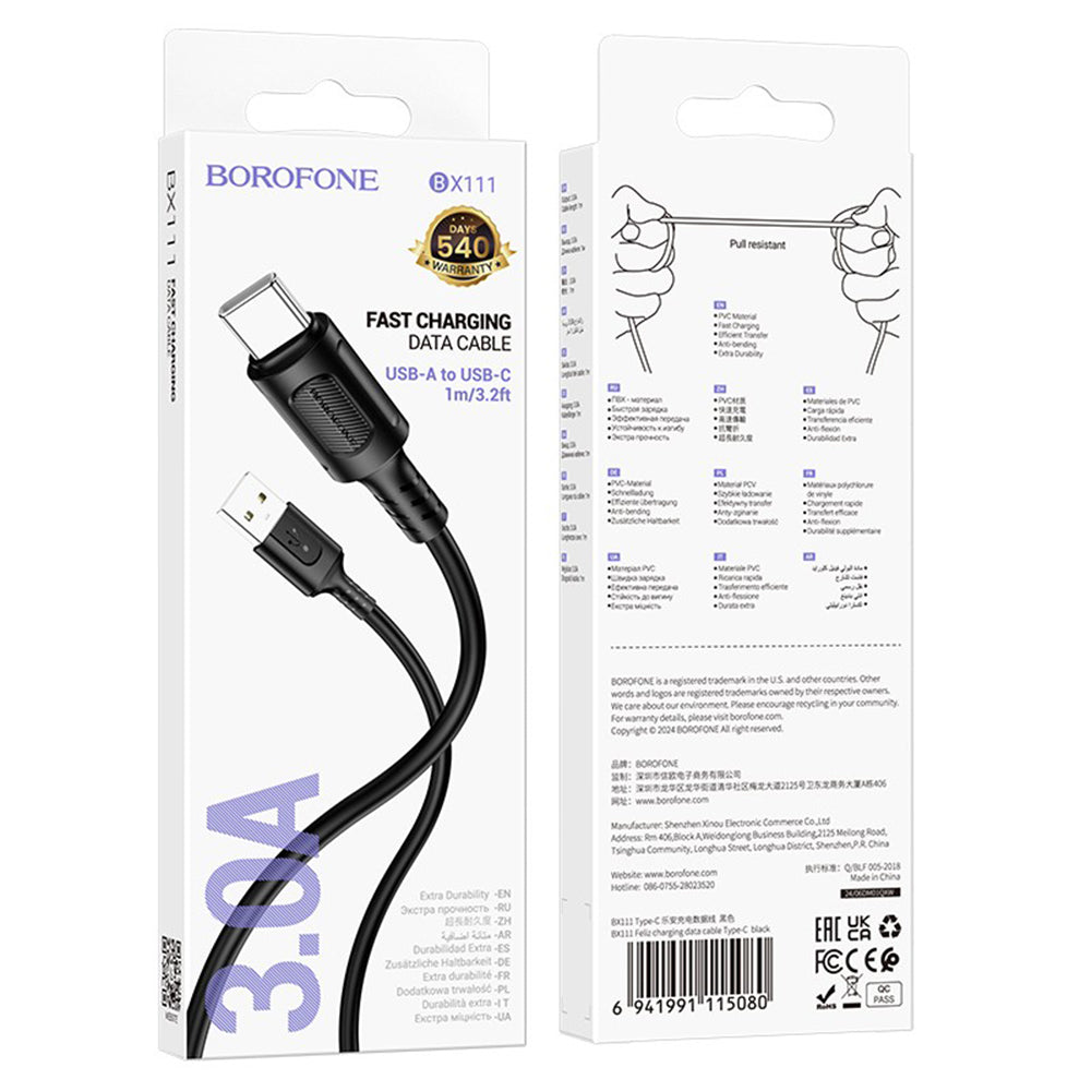 Cabo de Dados e Carregamento USB-A - USB-C Borofone BX111 Feliz, 20W, 1m, Preto