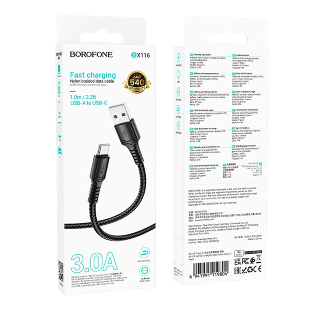 Cabo de Dados e Carregamento USB-A - USB-C Borofone BX116 Certain, 18W, 1m, Preto
