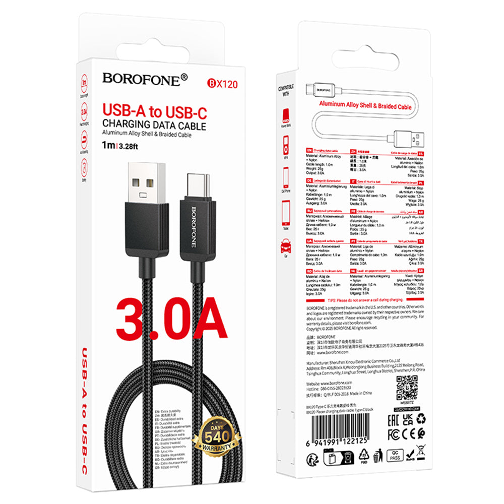 Cabo de Dados e Carregamento USB-A - USB-C Borofone BX120 Placer, 18W, 1m, Preto