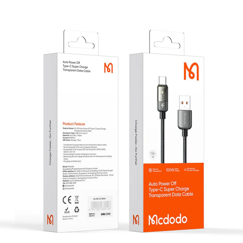Cabo de Dados e Carregamento USB-A - USB-C McDodo CA-3150 Auto Power Off, 100W, 1.2m, Preto