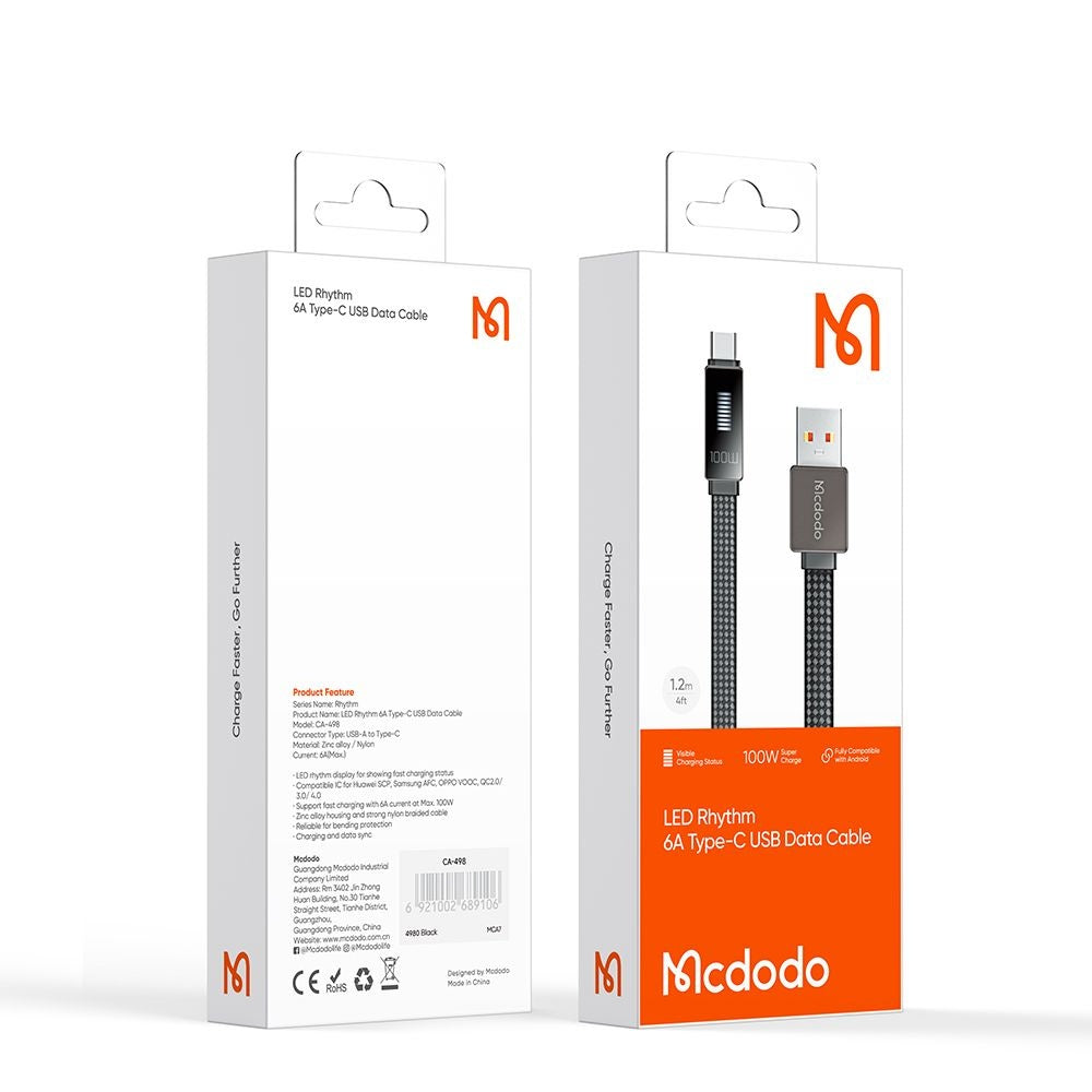 Cabo de Dados e Carregamento USB-A - USB-C McDodo CA-4980 Rythm Display, 100W, 1.2m, Preto
