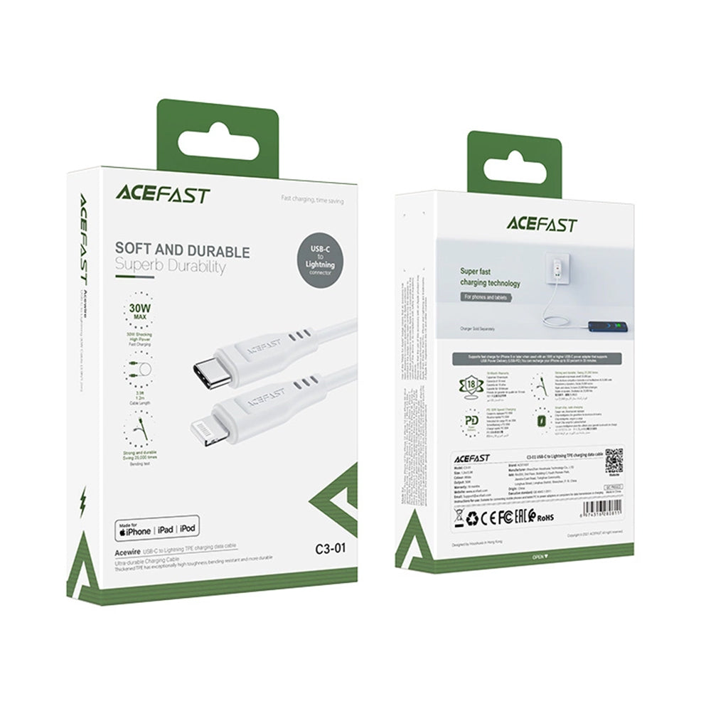 Cabo de Dados e Carregamento USB-C - Lightning Acefast C3-01, 30W, 1.2m, Branco