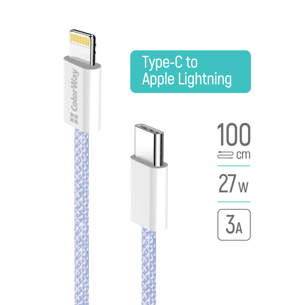 Cabo de Dados e Carregamento USB-C - Lightning ColorWay CW-CBPDCL061, 27W, 1m, Roxo