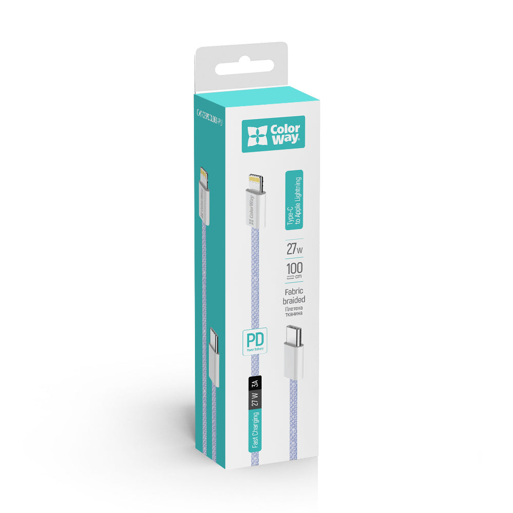 Cabo de Dados e Carregamento USB-C - Lightning ColorWay CW-CBPDCL061, 27W, 1m, Roxo