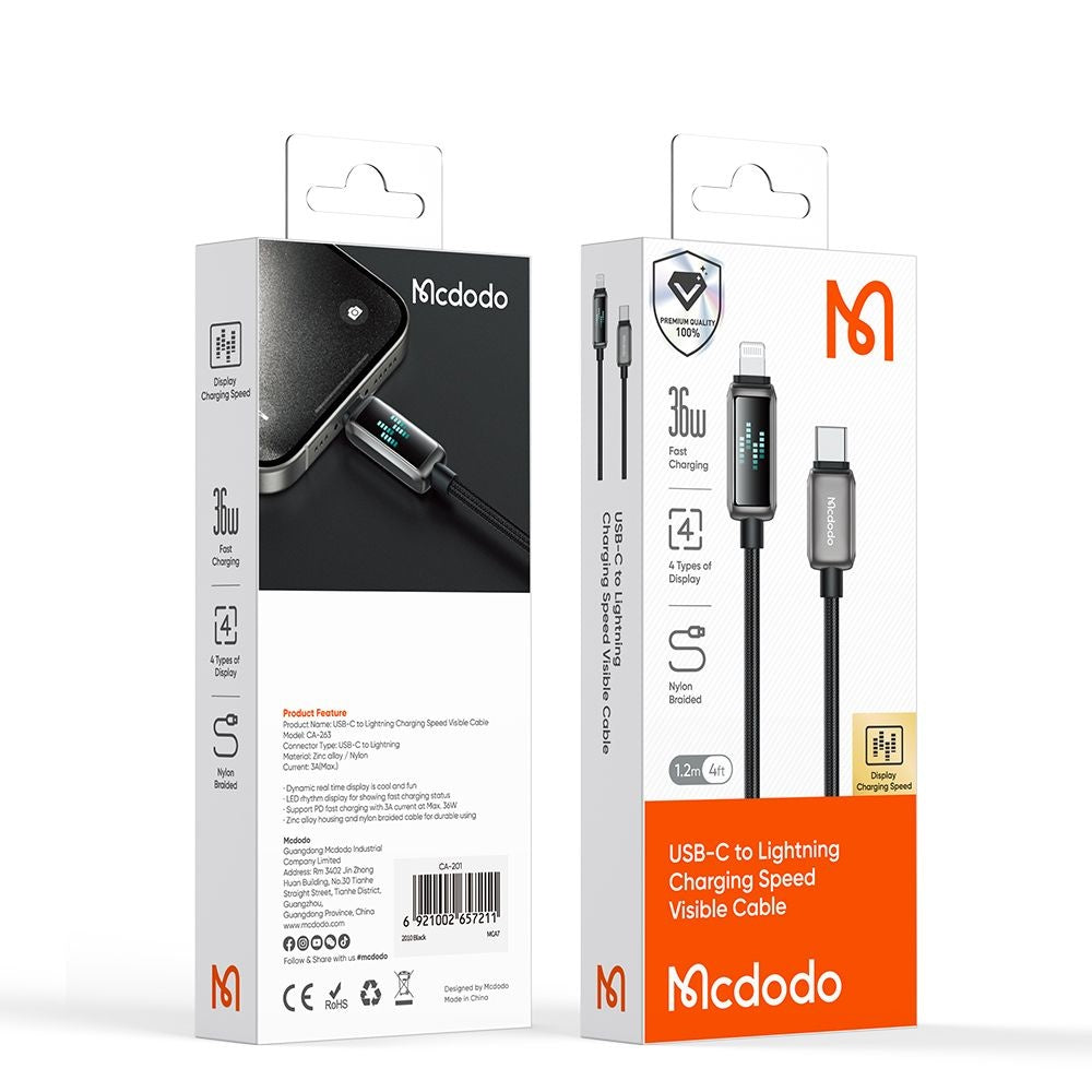 Cabo de Dados e Carregamento USB-C - Lightning McDodo CA-2630 Display, 36W, 1.2m, Preto