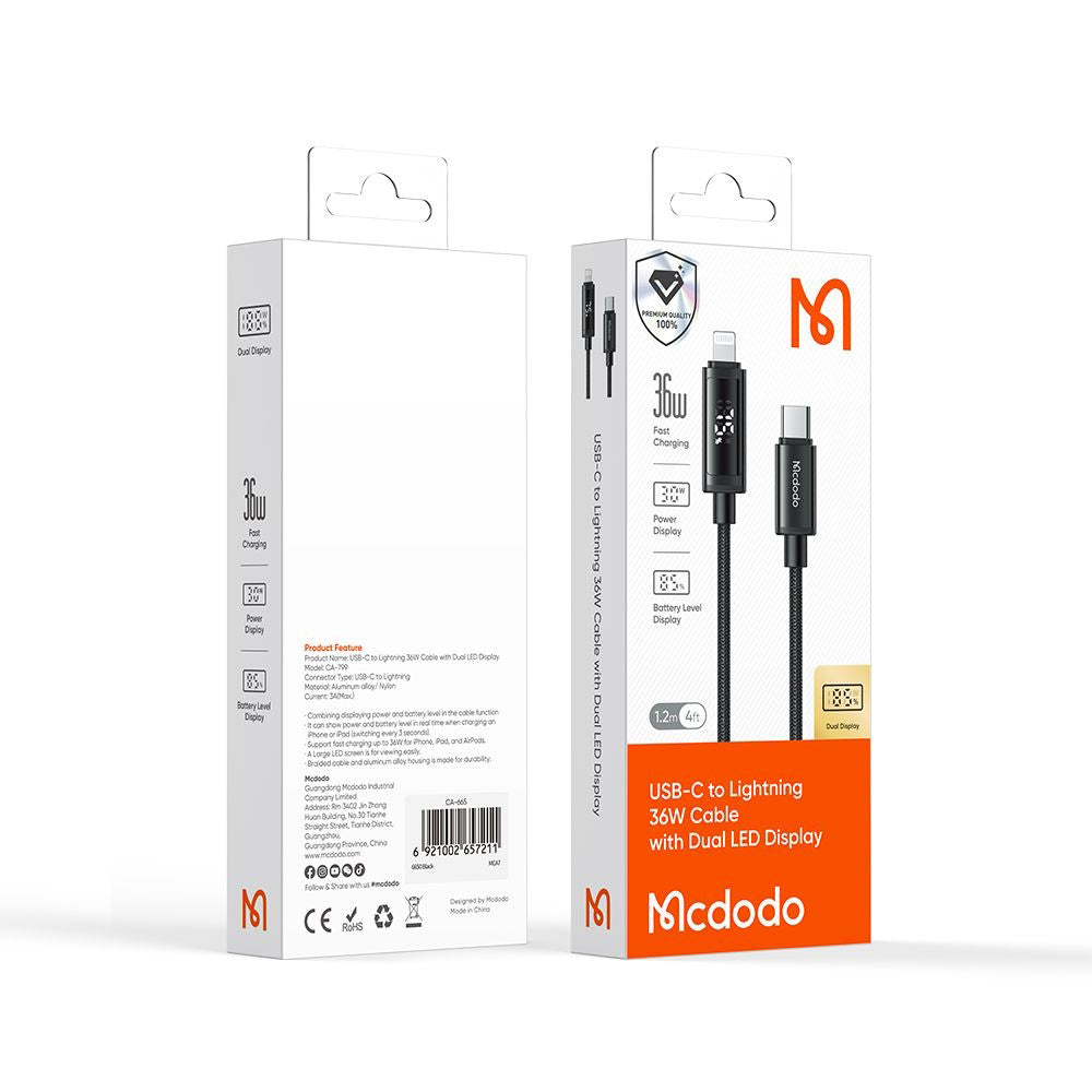 Cabo de Dados e Carregamento USB-C - Lightning McDodo CA-7990 Display, 36W, 1.2m, Preto