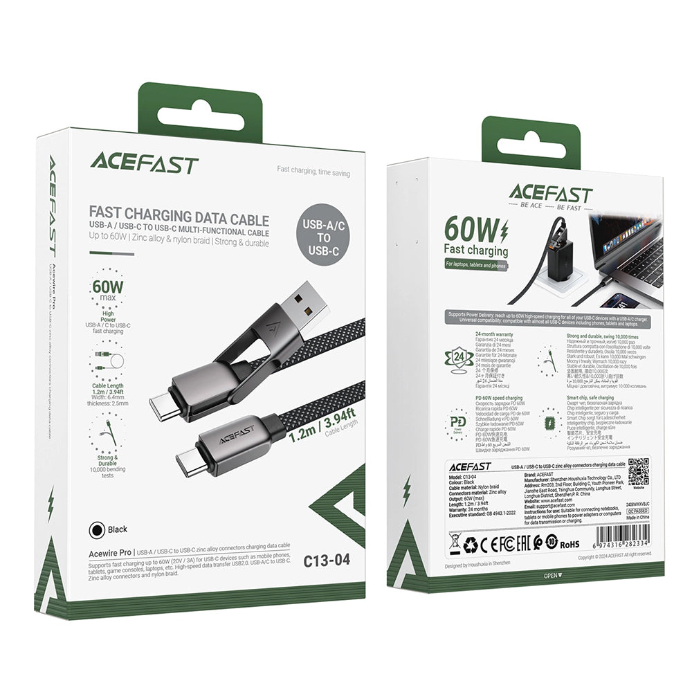 Cabo de Dados e Carregamento USB-C - USB-A / USB-C Acefast C13-04, 60W, 1.2m, Preto