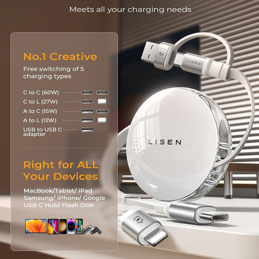 Cabo de Dados e Carregamento USB-C / USB-A - USB-C / Lightning Lisen, 60W, 1m, Branco YL0123030001