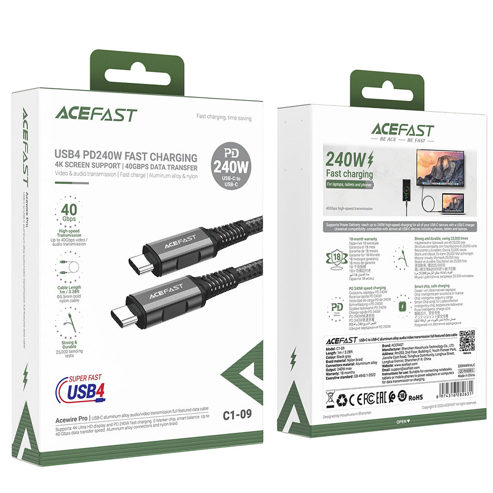 Cabo de Dados e Carregamento USB-C - USB-C Acefast C1-09, 240W, 1m, Cinzento