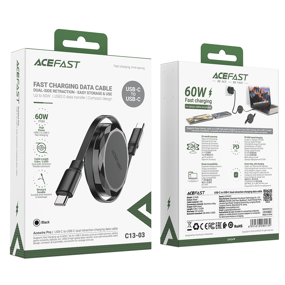 Cabo de Dados e Carregamento USB-C - USB-C Acefast C13-03, 60W, 0.8m, Preto