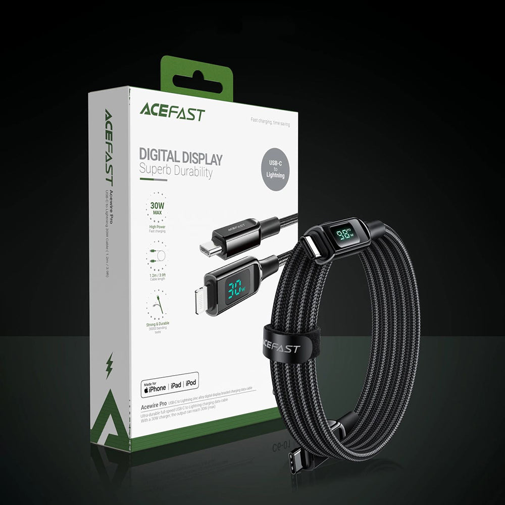 Cabo de Dados e Carregamento USB-C - USB-C Acefast C6-03 Display, 100W, 2m, Preto