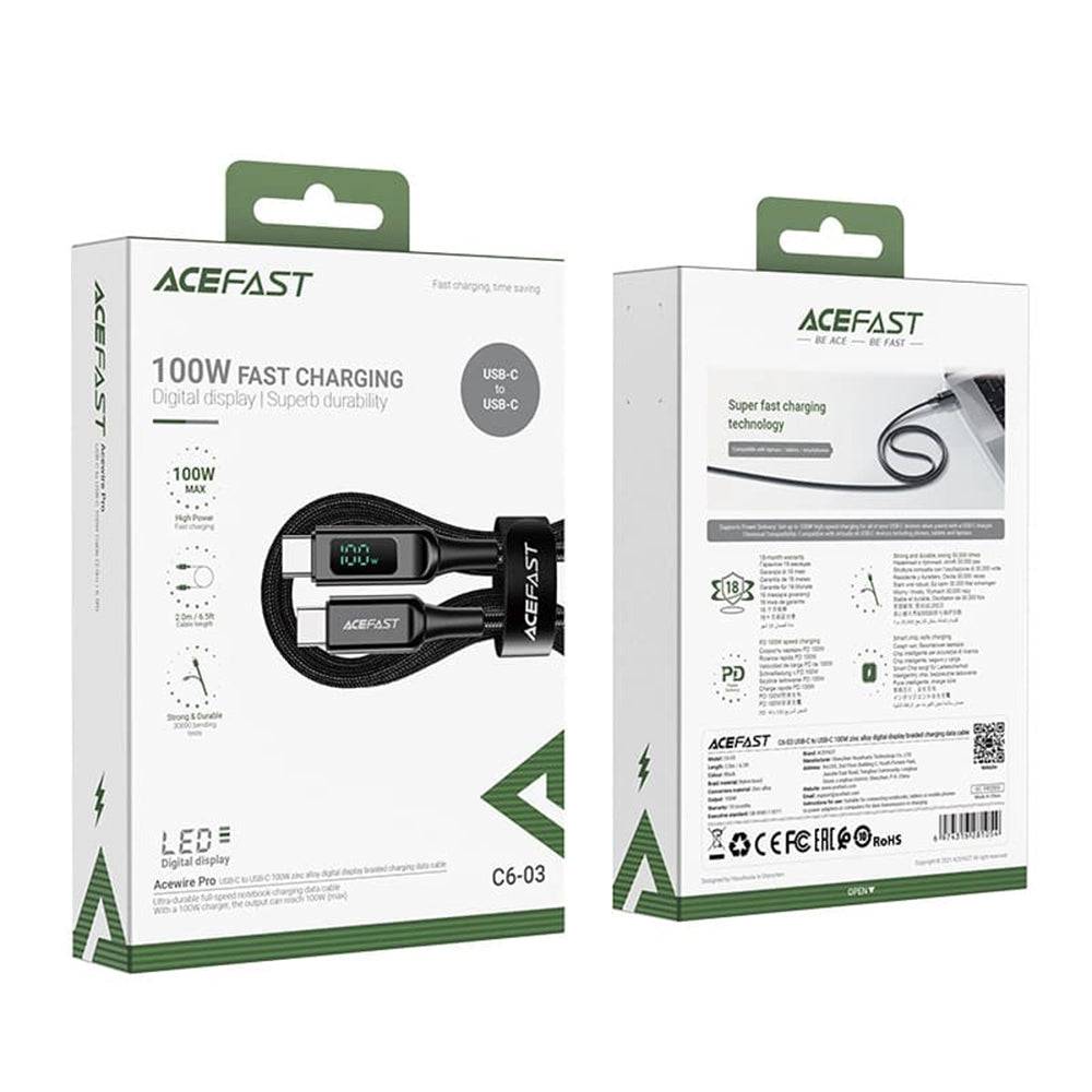 Cabo de Dados e Carregamento USB-C - USB-C Acefast C6-03 Display, 100W, 2m, Preto