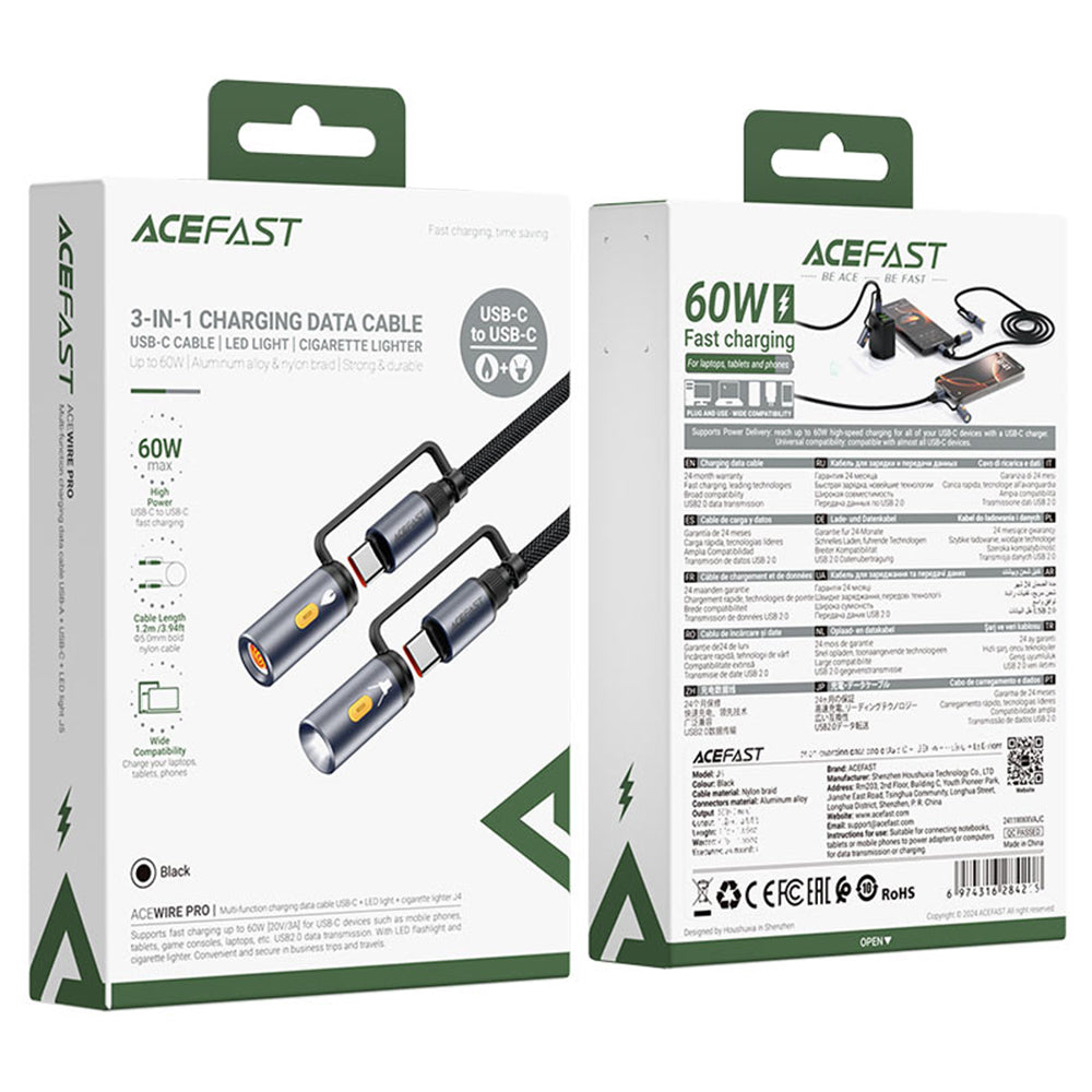 Cabo de Dados e Carregamento USB-C / Lanterna - USB-C / Isqueiro Elétrico Acefast J4, 60W, 1.2m, Preto