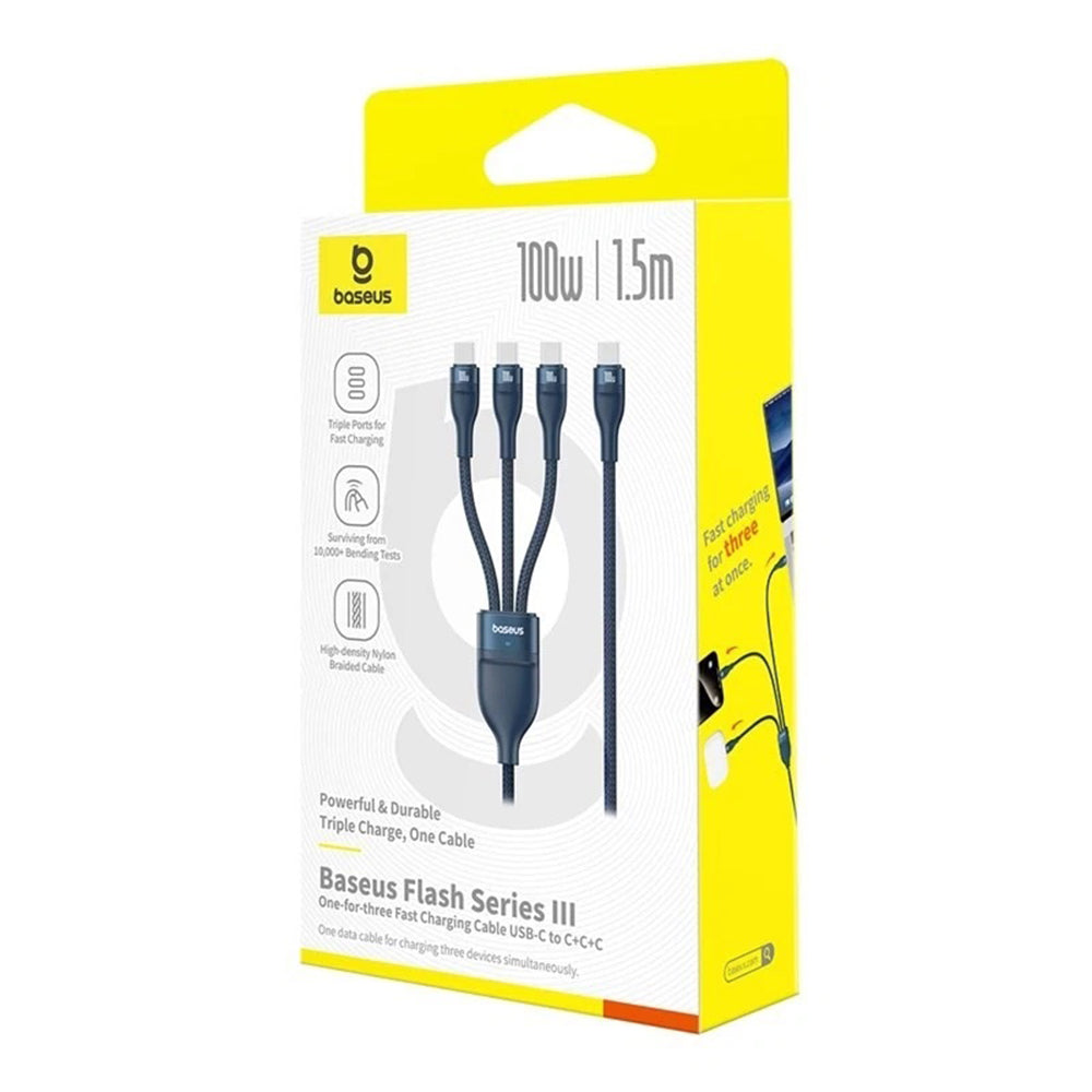 Cabo de Carregamento USB-C - 3 x USB-C Baseus Flash Series III 3in1, 100W, 1.5m, Azul P10377503321-00