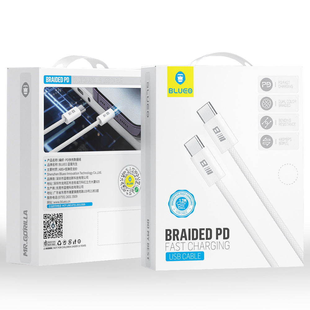 Cabo de Dados e Carregamento USB-C - USB-C Blueo, 100W, 1.2m, Branco