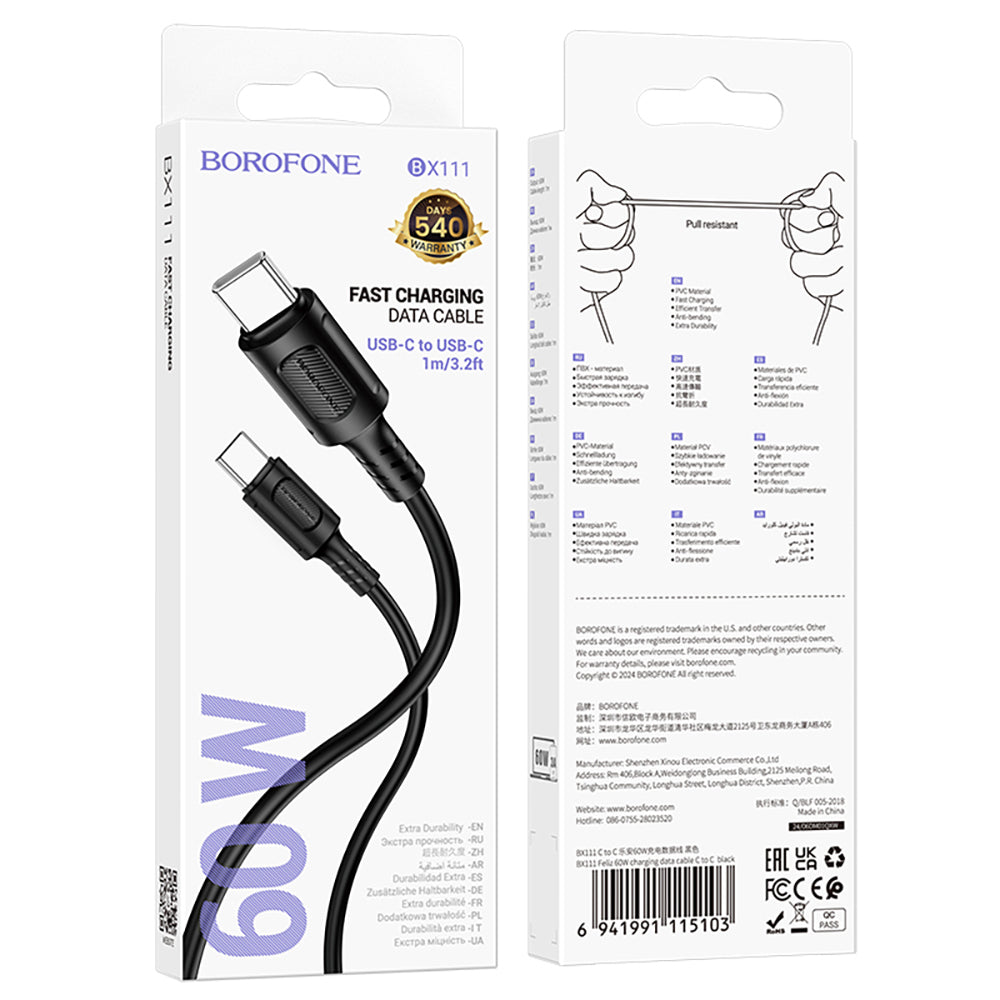 Cabo de Dados e Carregamento USB-C - USB-C Borofone BX111 Feliz, 60W, 1m, Preto