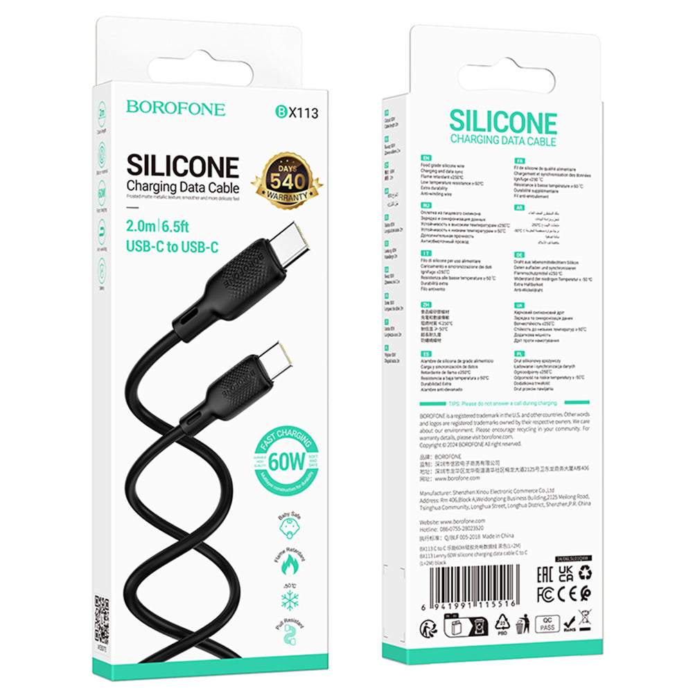 Cabo de Dados e Carregamento USB-C - USB-C Borofone BX113 Lenny, 60W, 2m, Preto