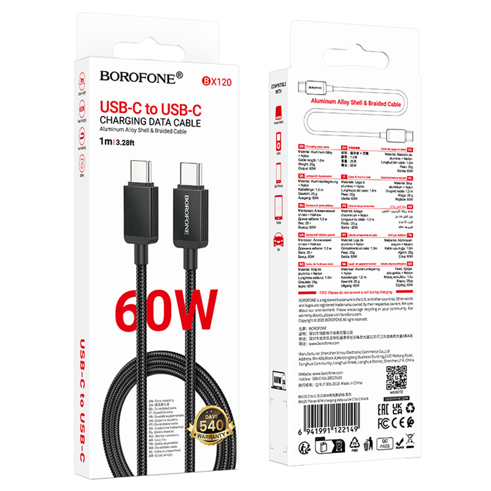 Cabo de Dados e Carregamento USB-C - USB-C Borofone BX120 Placer, 60W, 1m, Preto