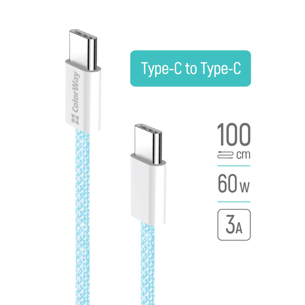 Cabo de Dados e Carregamento USB-C - USB-C ColorWay CW-CBPDCC061, 60W, 1m, Azul