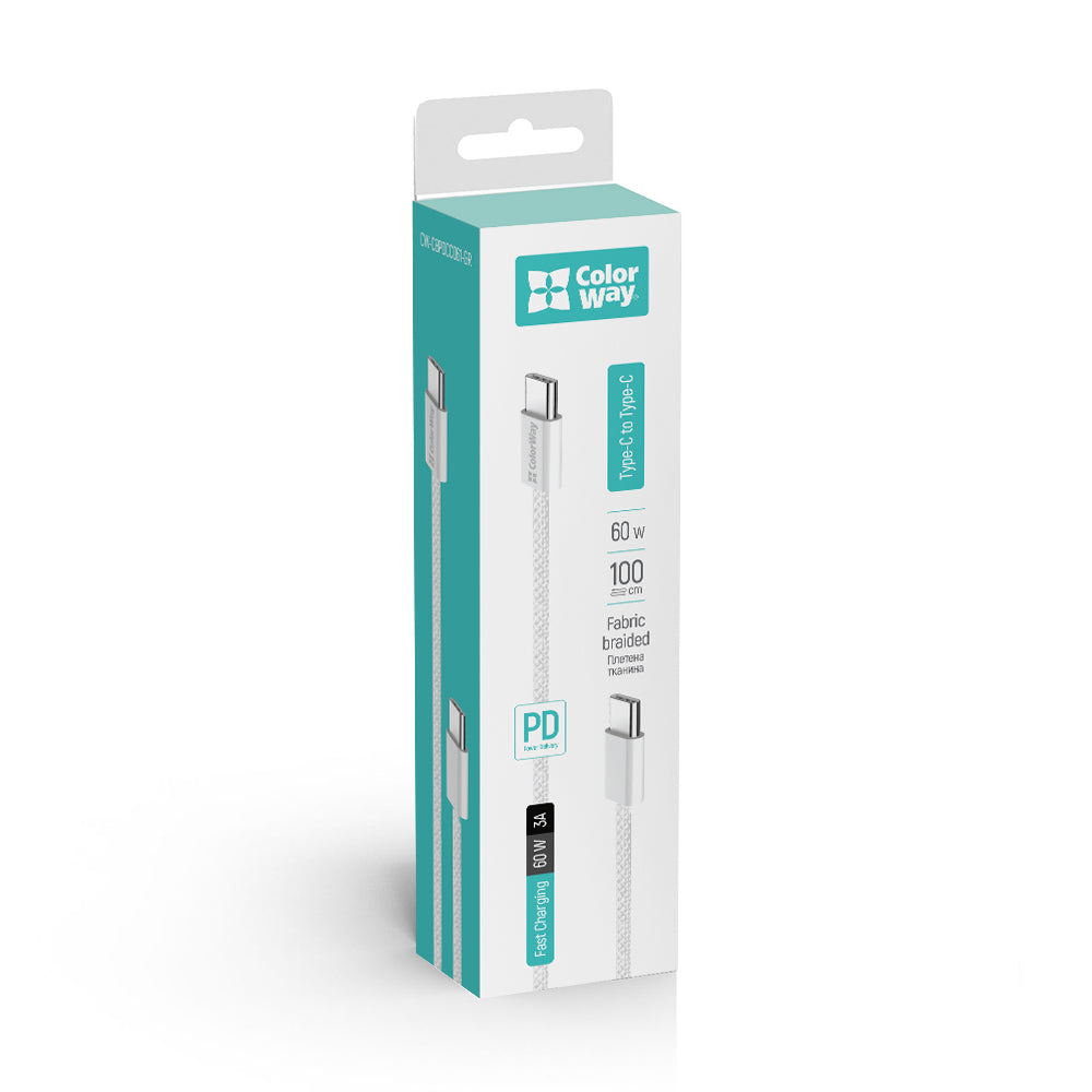 Cabo de Dados e Carregamento USB-C - USB-C ColorWay CW-CBPDCC061, 60W, 1m, Cinzento