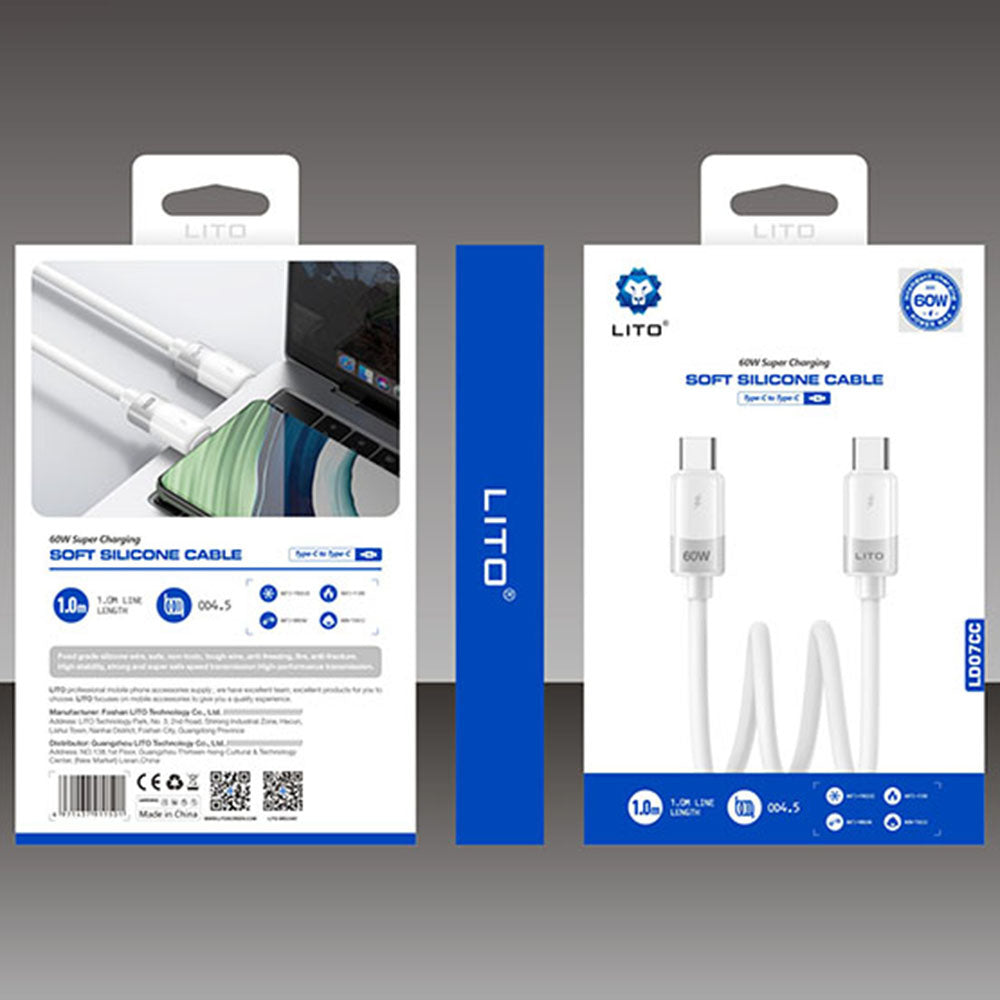 Cabo de Dados e Carregamento USB-C - USB-C Lito LD07, 60W, 1m, Branco