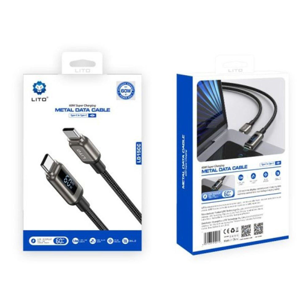 Cabo de Dados e Carregamento USB-C - USB-C Lito LD15 Display, 60W, 1m, Preto