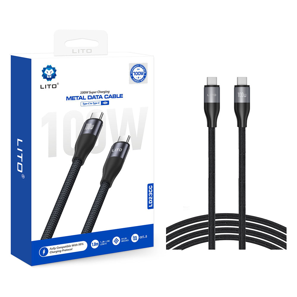 Cabo de Dados e Carregamento USB-C - USB-C Lito LD23CC, 100W, 1m, Cinzento