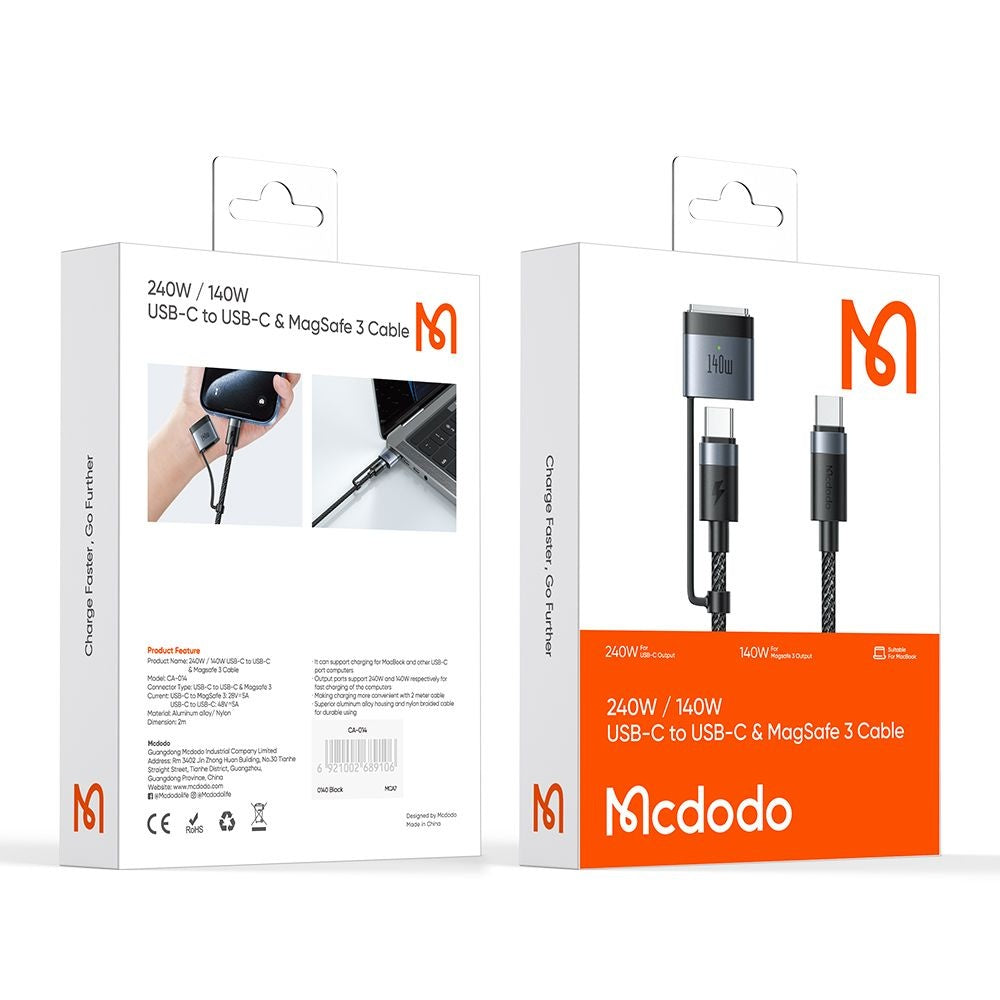 Cabo de Carregamento McDodo CA-0140, USB-C - USB-C / MagSafe 3, 240W, 2m, Preto