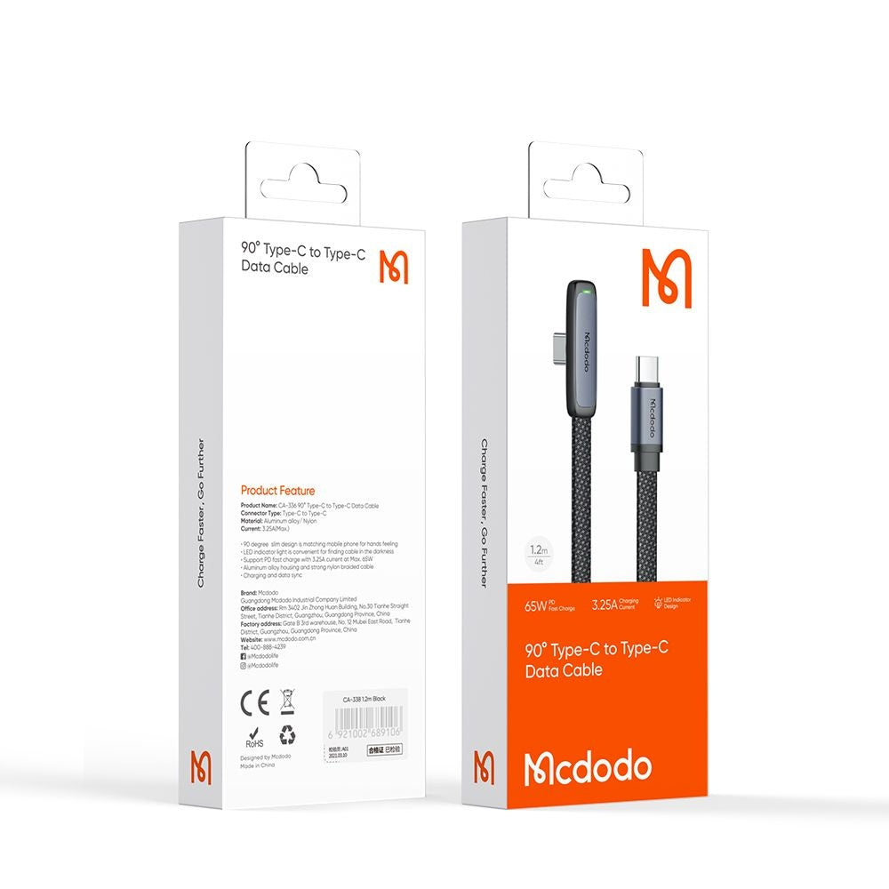 Cabo de Dados e Carregamento USB-C - USB-C McDodo CA-3360 Angled, 65W, 1.2m, Preto