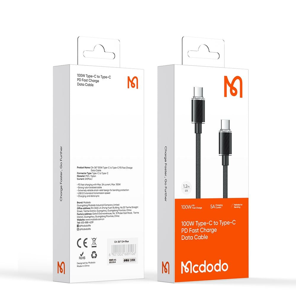 Cabo de Dados e Carregamento USB-C - USB-C McDodo CA-3670, 100W, 1.2m, Preto