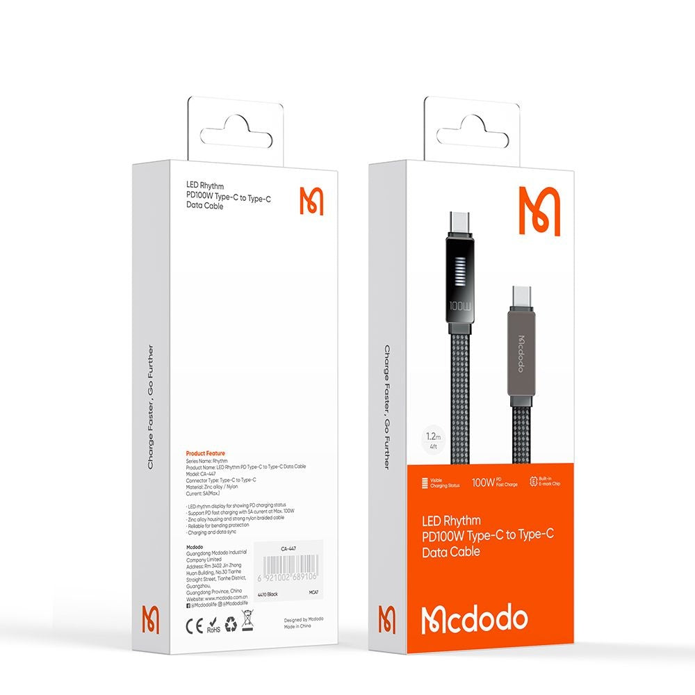 Cabo de Dados e Carregamento USB-C - USB-C McDodo CA-4470 Rythm Display, 100W, 1.2m, Preto